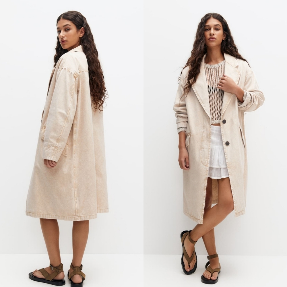 Shell grey - Pull bear washed effect grey denim cotton logo trench coat